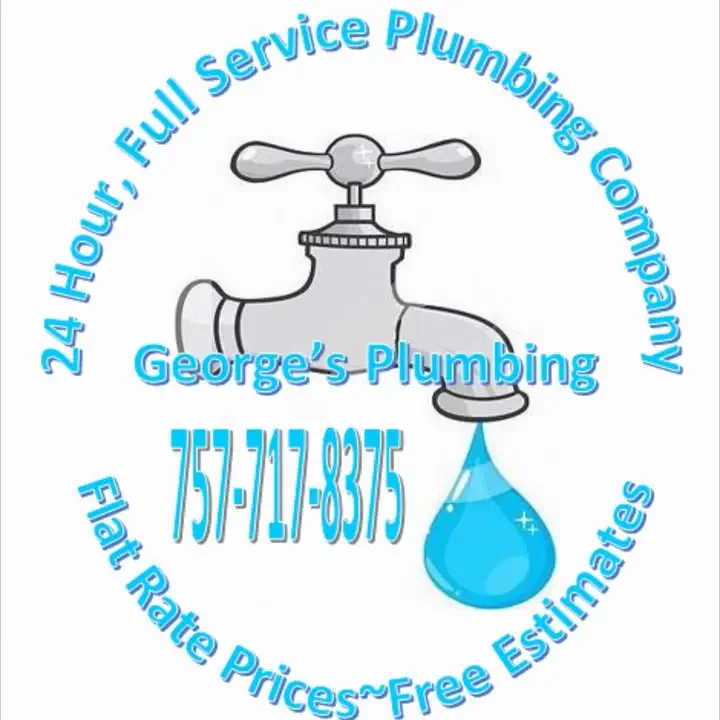 George's Plumbing logo: a tap dripping one drop, ringed by the words 24 Hour, Full Service Plumbing Company, Flat Rate Prices, Free Estimates